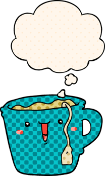 cute cartoon coffee cup with thought bubble in comic book style png