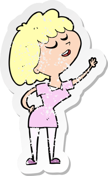 retro distressed sticker of a cartoon happy woman about to speak png
