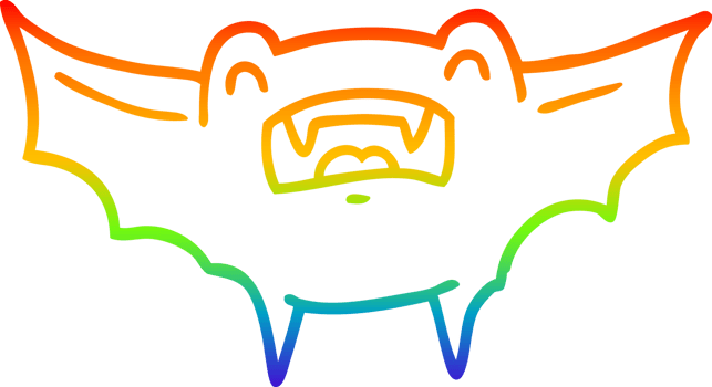 rainbow gradient line drawing of a cartoon vampire bat png