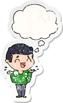 cartoon laughing confused man with thought bubble as a distressed worn sticker png