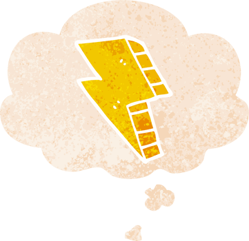 cartoon lightning bolt with thought bubble in grunge distressed retro textured style png