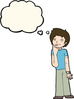 cartoon boy wondering with thought bubble png