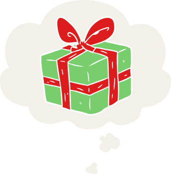 cartoon wrapped gift with thought bubble in retro style png