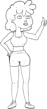 hand drawn black and white cartoon gym woman png