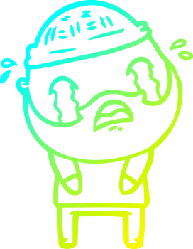 cold gradient line drawing of a cartoon bearded man crying png