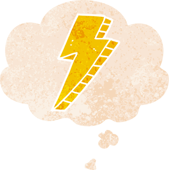 cartoon lightning bolt with thought bubble in grunge distressed retro textured style png