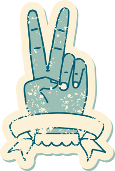 grunge sticker of a peace two finger hand gesture with banner png