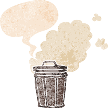cartoon stinky garbage can with speech bubble in grunge distressed retro textured style png