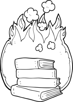 hand drawn black and white cartoon stack of books burning png