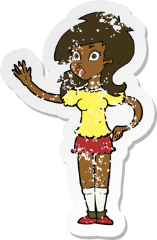retro distressed sticker of a cartoon pretty woman waving for attention png