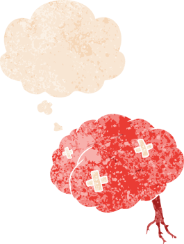 cartoon injured brain with thought bubble in grunge distressed retro textured style png