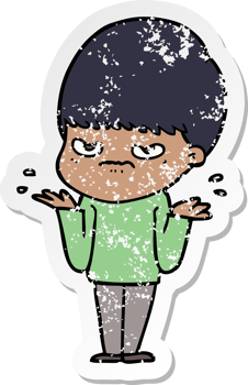 distressed sticker of a annoyed cartoon boy png