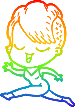 rainbow gradient line drawing of a happy cartoon girl running png