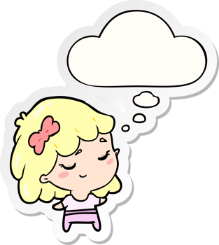 cartoon happy girl with thought bubble as a printed sticker png