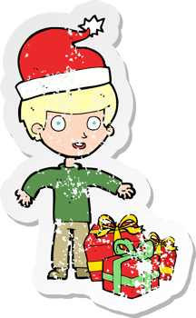 retro distressed sticker of a cartoon boy with present png