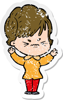 distressed sticker of a cartoon frustrated woman png