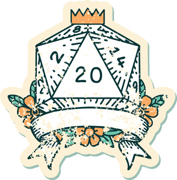 Retro Tattoo Style natural 20 critical hit D20 dice roll png