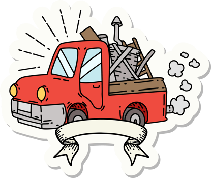 sticker of a tattoo style truck carrying junk png