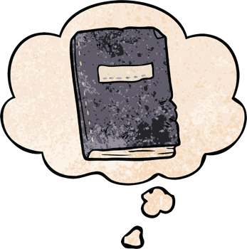 cartoon battered old notebook with thought bubble in grunge texture style png