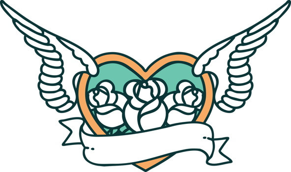 iconic tattoo style image of a flying heart with flowers and banner png