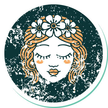 iconic distressed sticker tattoo style image of female face with eyes closed png