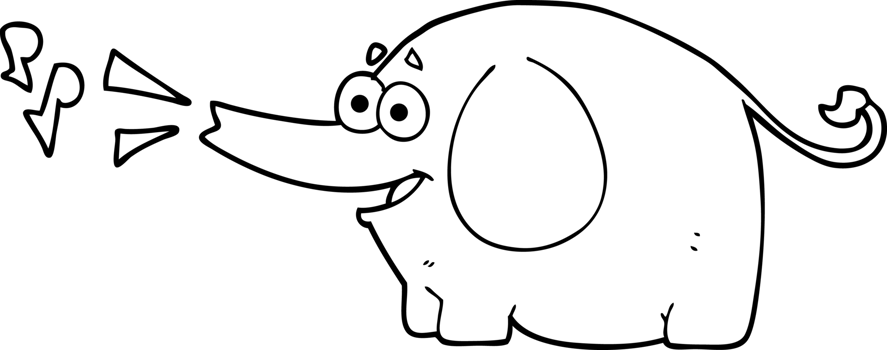 hand drawn black and white cartoon trumpeting elephant png