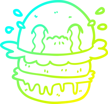 cold gradient line drawing of a cartoon crying fast food burger png