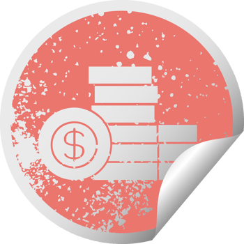 distressed circular peeling sticker symbol of a pile of money png