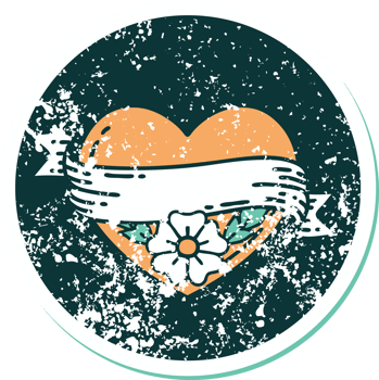 iconic distressed sticker tattoo style image of a heart and banner with flowers png