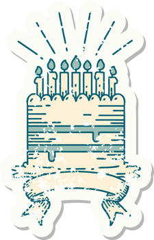 worn old sticker of a tattoo style birthday cake png