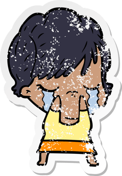 distressed sticker of a cartoon woman crying png