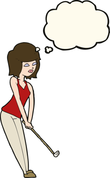cartoon woman playing golf with thought bubble png