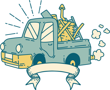 scroll banner with tattoo style truck carrying junk png
