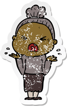 distressed sticker of a cartoon angry old woman png