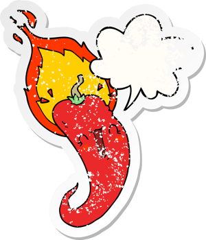 cartoon flaming hot chili pepper with speech bubble distressed distressed old sticker png