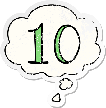 cartoon number 10 with thought bubble as a distressed worn sticker png