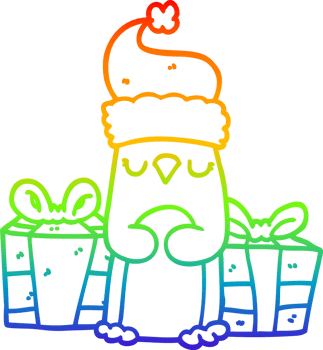 rainbow gradient line drawing of a cute christmas penguin png