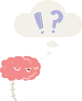 cartoon curious brain with thought bubble in retro style png