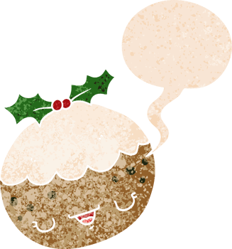 cute cartoon christmas pudding with speech bubble in grunge distressed retro textured style png