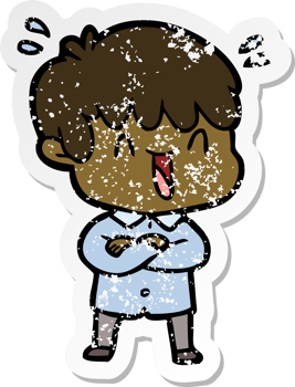 distressed sticker of a cartoon laughing boy png