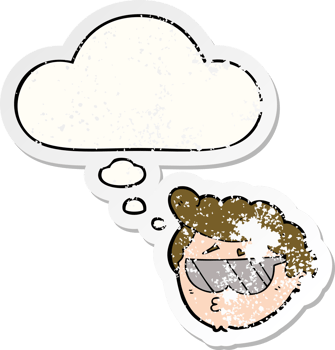 cartoon boy wearing sunglasses with thought bubble as a distressed worn sticker png