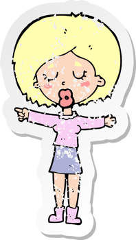 retro distressed sticker of a cartoon pointing woman drawing png