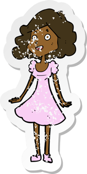 retro distressed sticker of a cartoon happy woman in dress png