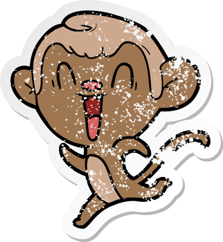 distressed sticker of a cartoon laughing monkey png