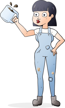 hand drawn cartoon female worker with coffee mug png