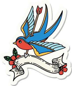 tattoo style sticker with banner of a swallow pierced by arrow png