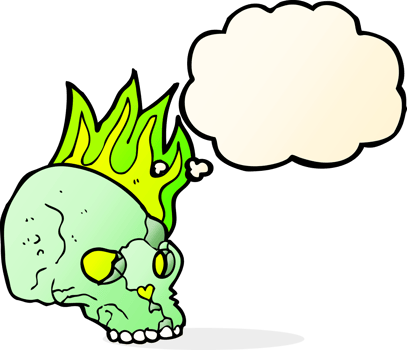 cartoon spooky skull with thought bubble png