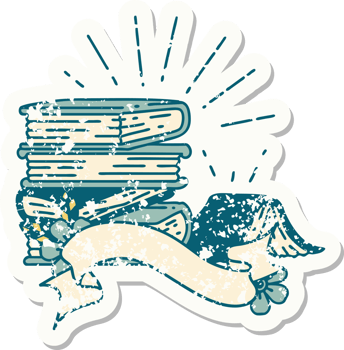 worn old sticker of a tattoo style stack of books png