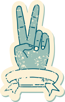 grunge sticker of a peace two finger hand gesture with banner png
