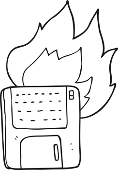 hand drawn black and white cartoon old computer disk burning png